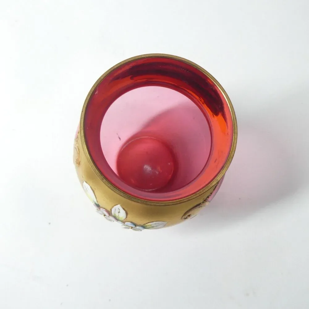 Cranberry Glass Vase Gold Flowers Bohemian Czech Vintage 3.5